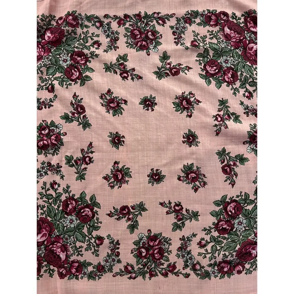 Vintage Kashmir Woole Floral Fringe Scarf - Pink Rose Square Wrap Bohemian Style